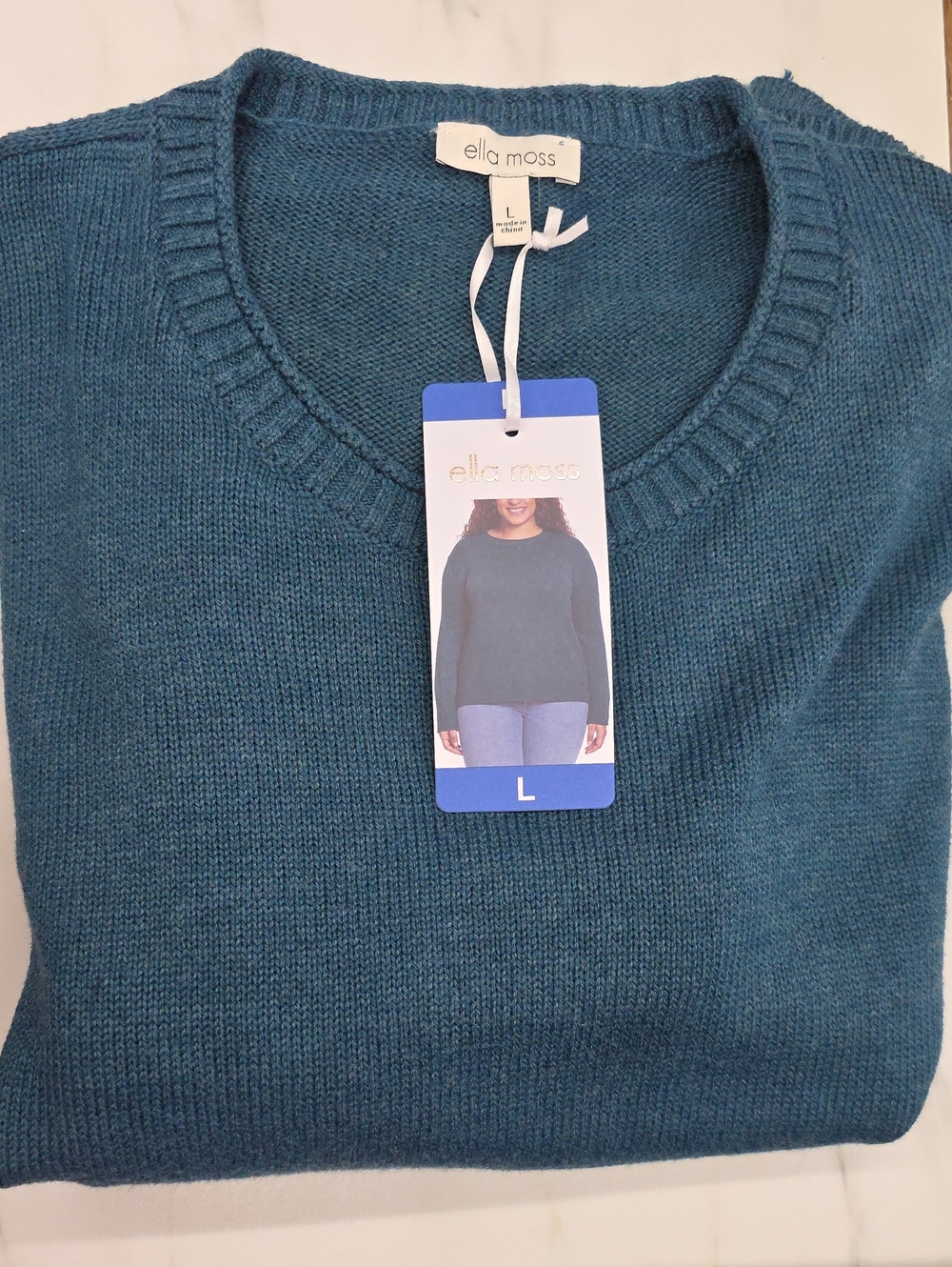 NWT Ella Moss Teal V-Neck Lightweight Crew Sweater
